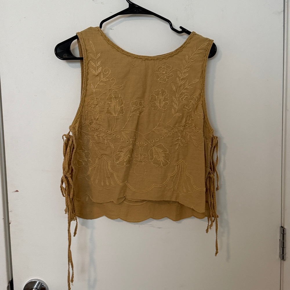 Free People Tan Embroidered Tank Top with Side Tassels